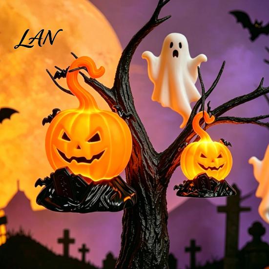 Halloween Bat Decoration LED Candle Light Figurine, Tombstone Glowing Tabletop Ornament, Warm Decorative Pumpkin Decor Prop for Escape Room