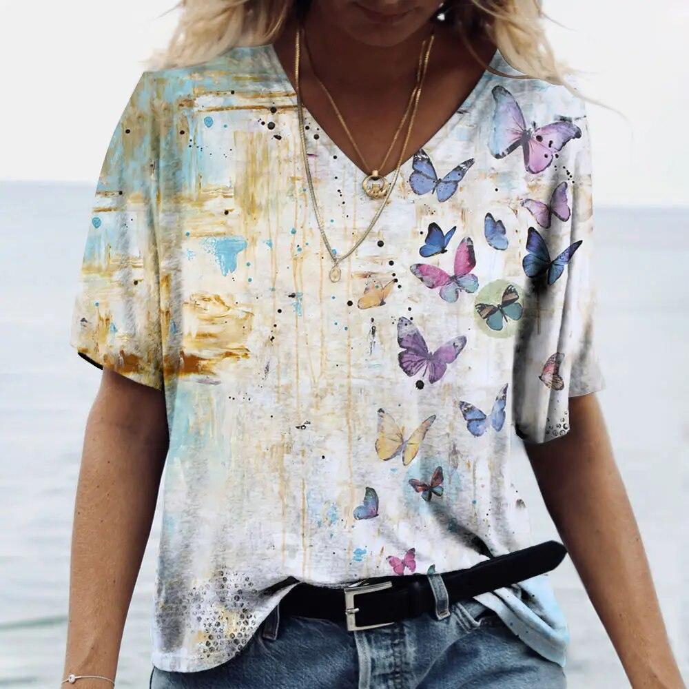 Женские футболки, модные топы с v-образным вырезом, красочная футболка с бабочкой, женские короткие повседневные футболки с цветочным принтом, летняя одежда больших размеров