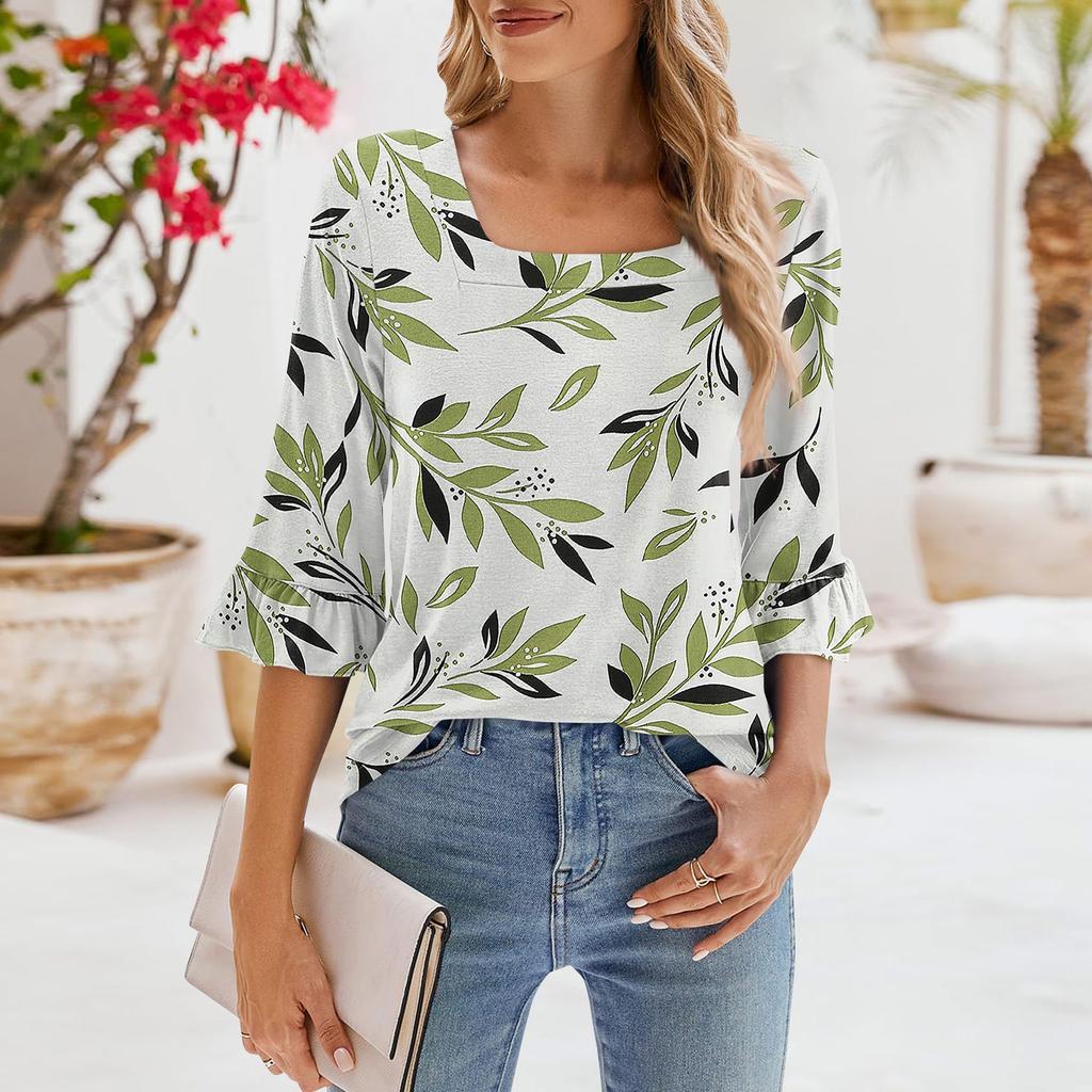 Женские повседневные топы с рукавами 3/4, летние футболки с квадратным вырезом, свободные туники с рюшами, блузки-туники