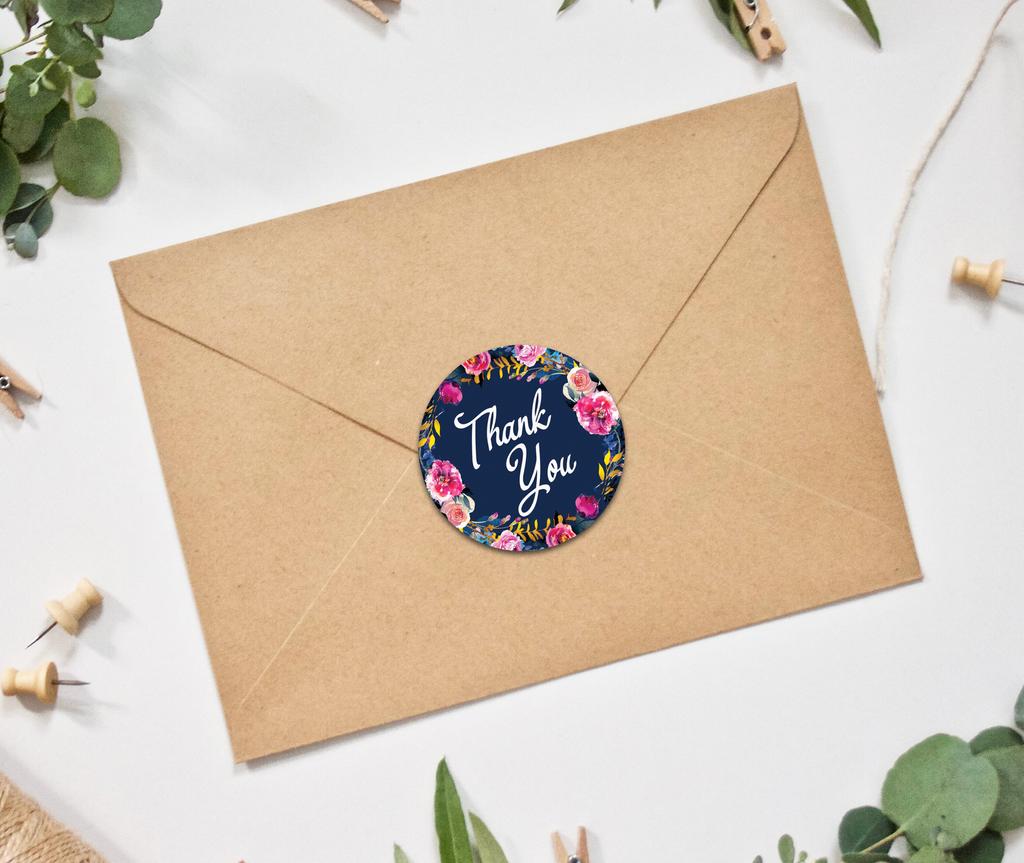 Darling Souvenir Round 45 Pcs Floral & Vines Border Black Thank You Stickers Envelope Seal-1.6