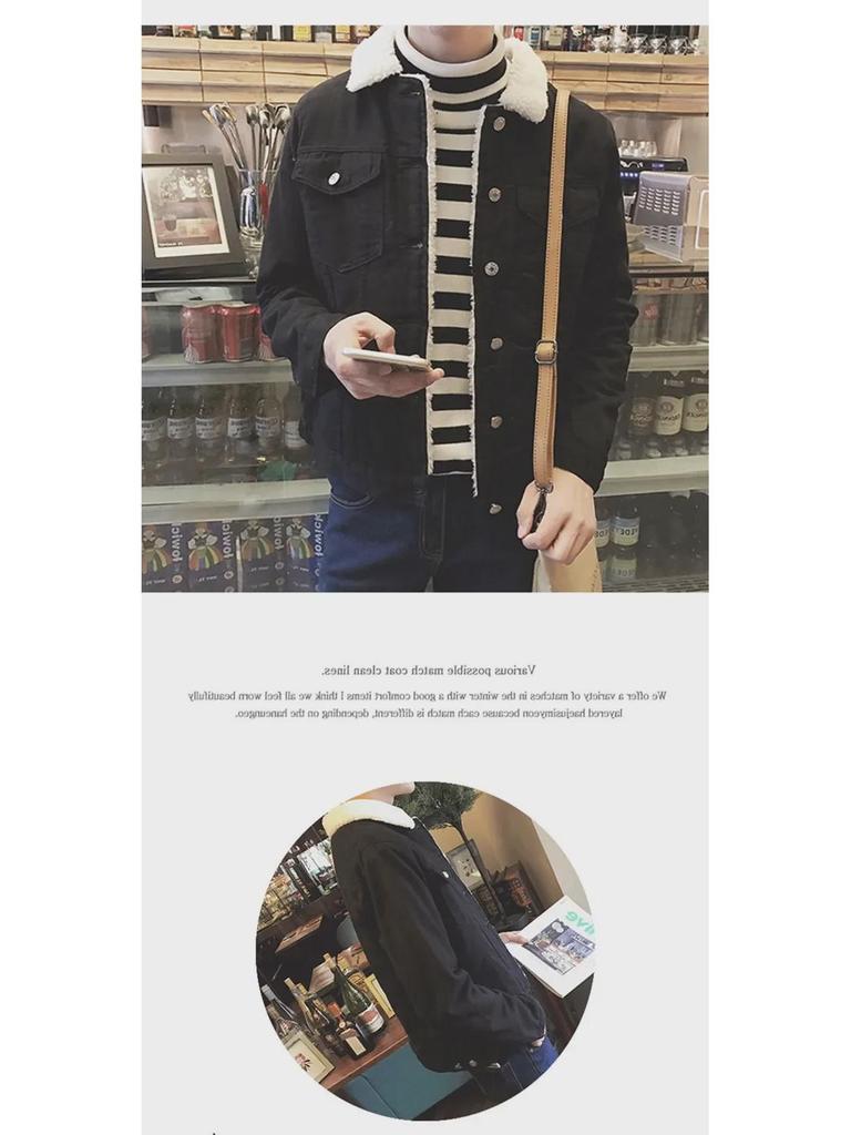 Мужская зимняя джинсовая куртка в стиле ретро с меховым воротником и подкладкой из овечьей шерсти