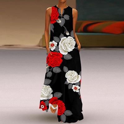 Женская мода лето весна цветочный принт без рукавов V-образный вырез свободные повседневные платья