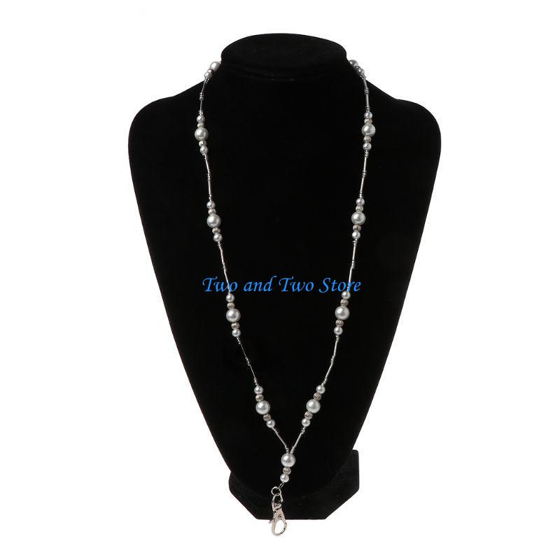 HX6F Lightweight White Pearls Bead Chain Lanyard Necklace Badge Holder Hollow Beads Necklace Fashion Jewelry Decor