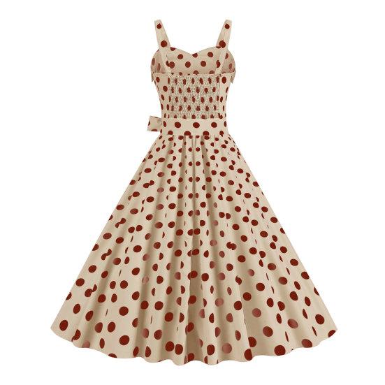 Women Vintage Dress 50s Retro A-line Big Swing Sleeveless Dot Print Contrast Color Elastic Bust High Tight Waist Backless