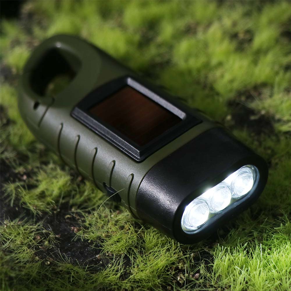 Solar Powered Charging Torch Hand Crank Outdoor Camping Flashlight Saving Space for Backpack