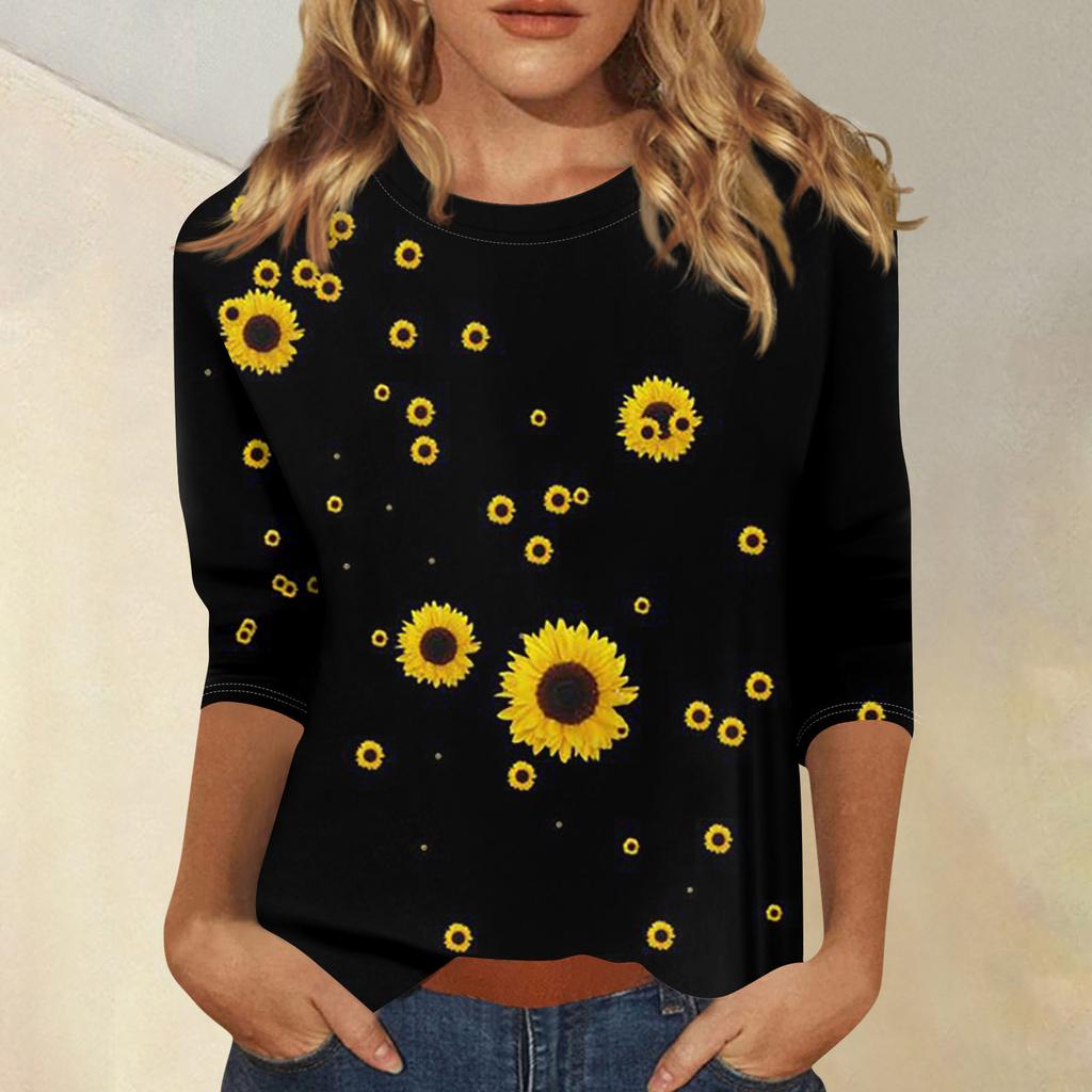 Round Neck 3D Printed Sunflower Pattern Top Fashionable Casual Long Sleeved Women's T-shirts