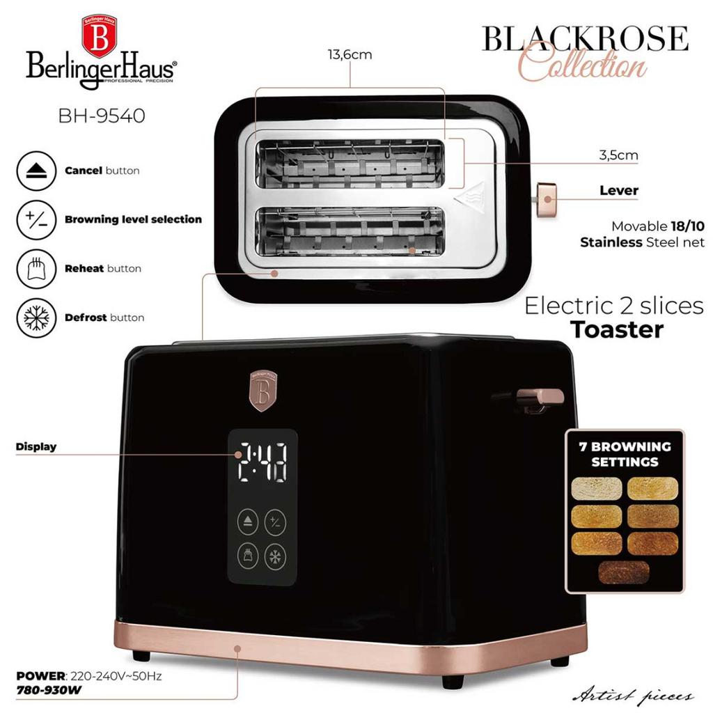 Electric Kettle 1.7L + Digital Toaster Berlinger Haus Bh-9540 Black Rose