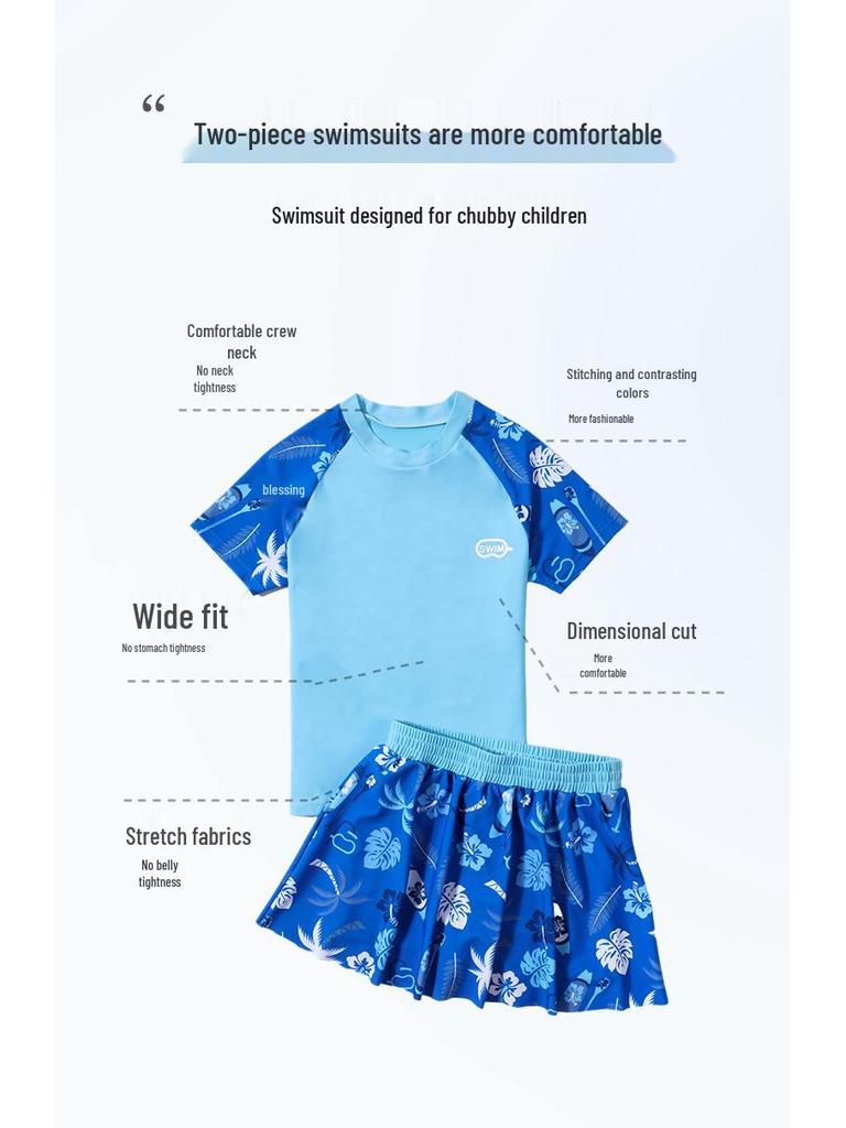 Plus Size Girls' Sun Protection Swimwear, Quick-Dry Split Design for Big Kids