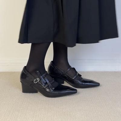 Версия из овчины ретро слово с бантом туфли Мэри Джейн женские толстый каблук высокий каблук острый носок одинарные туфли женские