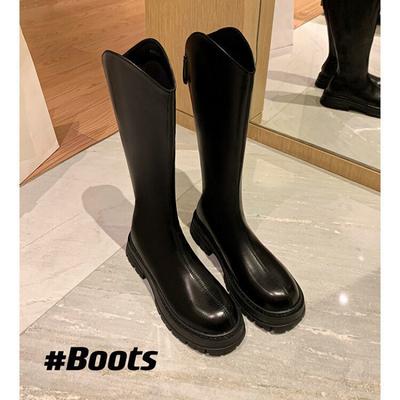 Ботинки на молнии Женские черные ботинки Высокие ботинки на толстой подошве Рыцарские ботинки Кожаные ботинки