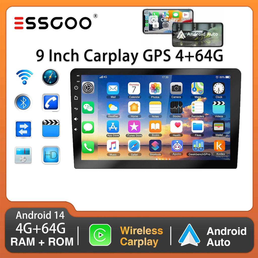 9-дюймовый 2 DIN автомобильный стерео радиоприемник Wirless Carplay Android Auto Car Stereo Bluetooth 64G GPS навигация RDS WiFi USB FM DAB+CAM