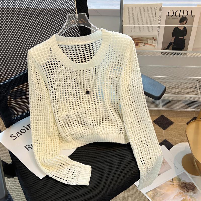 Spring/Summer Design Knitted Shirt Women's Hollow High End Striped Hollow Knitted Shirt Top Outerwear