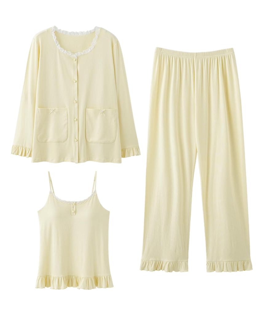 PHOLEEY Pajama Set with Cardigan for Spring and Cute and Stylish for with Chest Pads Women's 3-Piece Autumn, Adults,