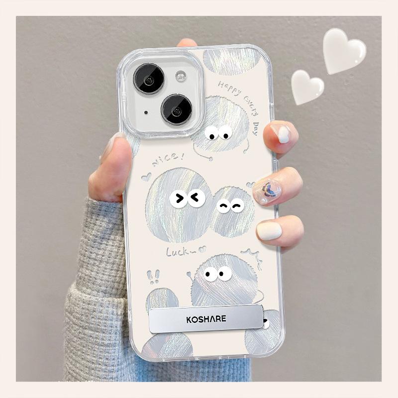 Applicable To Apple 15 Feather Yarn Mobile Phone Case Iphone14 Funny Coal Ball Invisible Bracket 13 Cute Cartoon 12