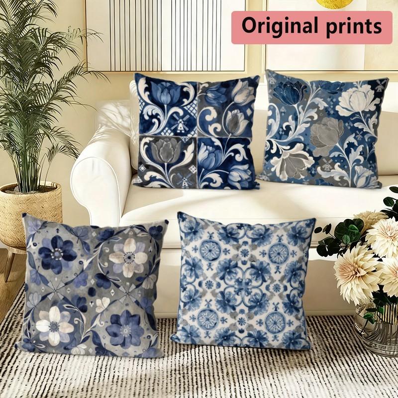 Blue Vintage Floral Pillow Covers Pattern Cushion Cover Suitable for Sofa Bedroom Car Pillow Cover