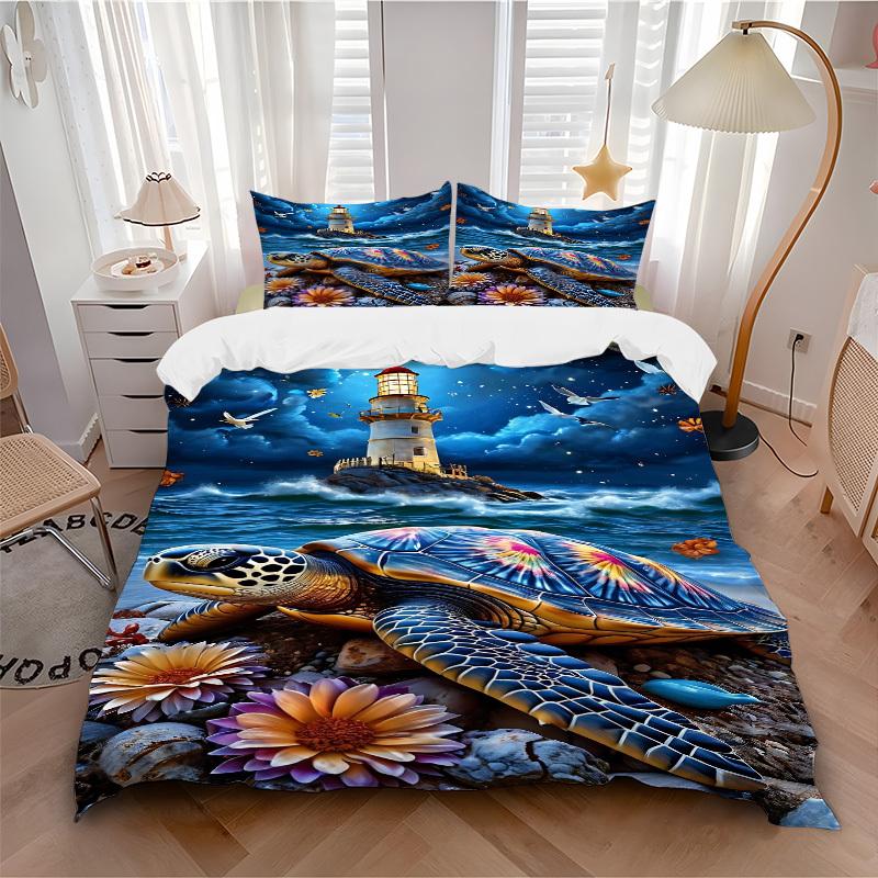 3pcs Lighthouse, Sea Turtle Duvet Cover Set - Machine Washable, Includes 1 Cover and 2 Pillowcases, No Core Included yy251013005