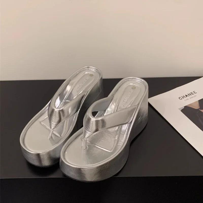 Women Wedge Clip Toe Flip Flops Summer Fashion Chunky Platform Beach Sandals Ladies Thick Sole High Heeled Slippers Slides