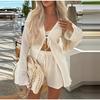 Summer Women's Two-piece Lace-up Cardigan Long-sleeved Shorts Casual Suit Lace-up Long-sleeved Cardigan Shorts Suit
