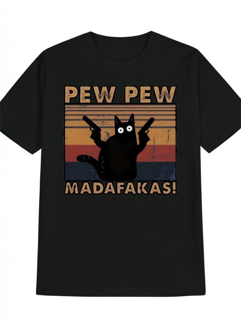 MenS Casual Short Sleeve TShirt with PEW PEW MADAFAKAS Graphic Print Black Round Neck Summer Tee Lightweight Breathabl
