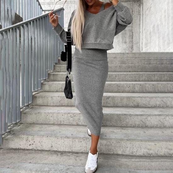 Solid Color Casual Outfit V-neck Sleeveless Bodycon Vest Dress Hooded Long Sleeve Pullover Sweatshirt Set