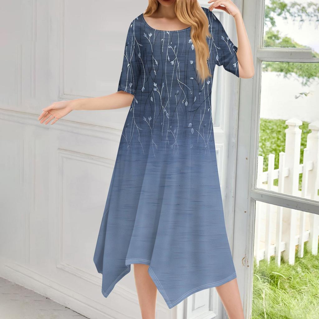 Женское повседневное модное платье миди с круглым вырезом и коротким рукавом с принтом и неровным подолом