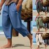 Men Cropped Pants Drawstring Elastic Waist Solid Color Loose Pockets Split Deep Crotch Soft Breathable Summer Vacation Beach Trousers