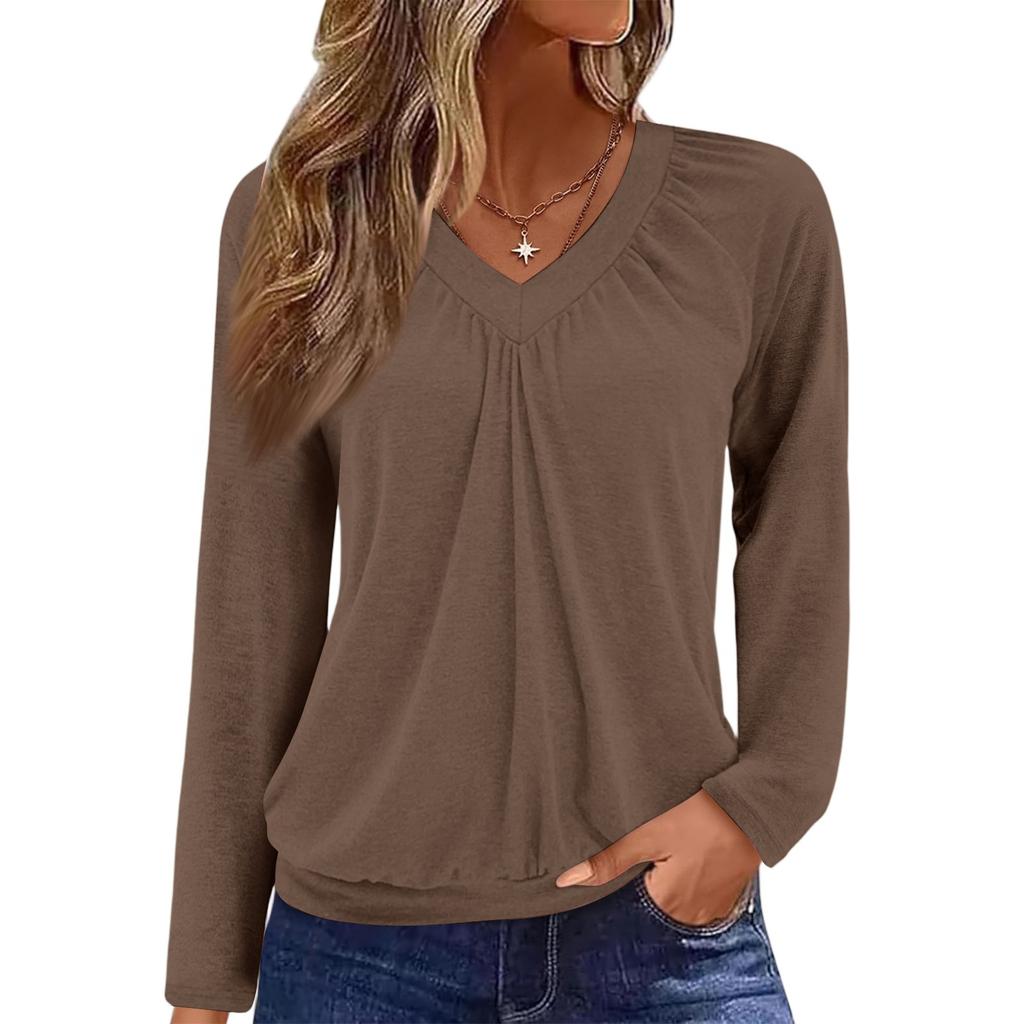 Women's Casual Fashion V-Neck Raglan Pleated Solid Color Long Sleeve Top