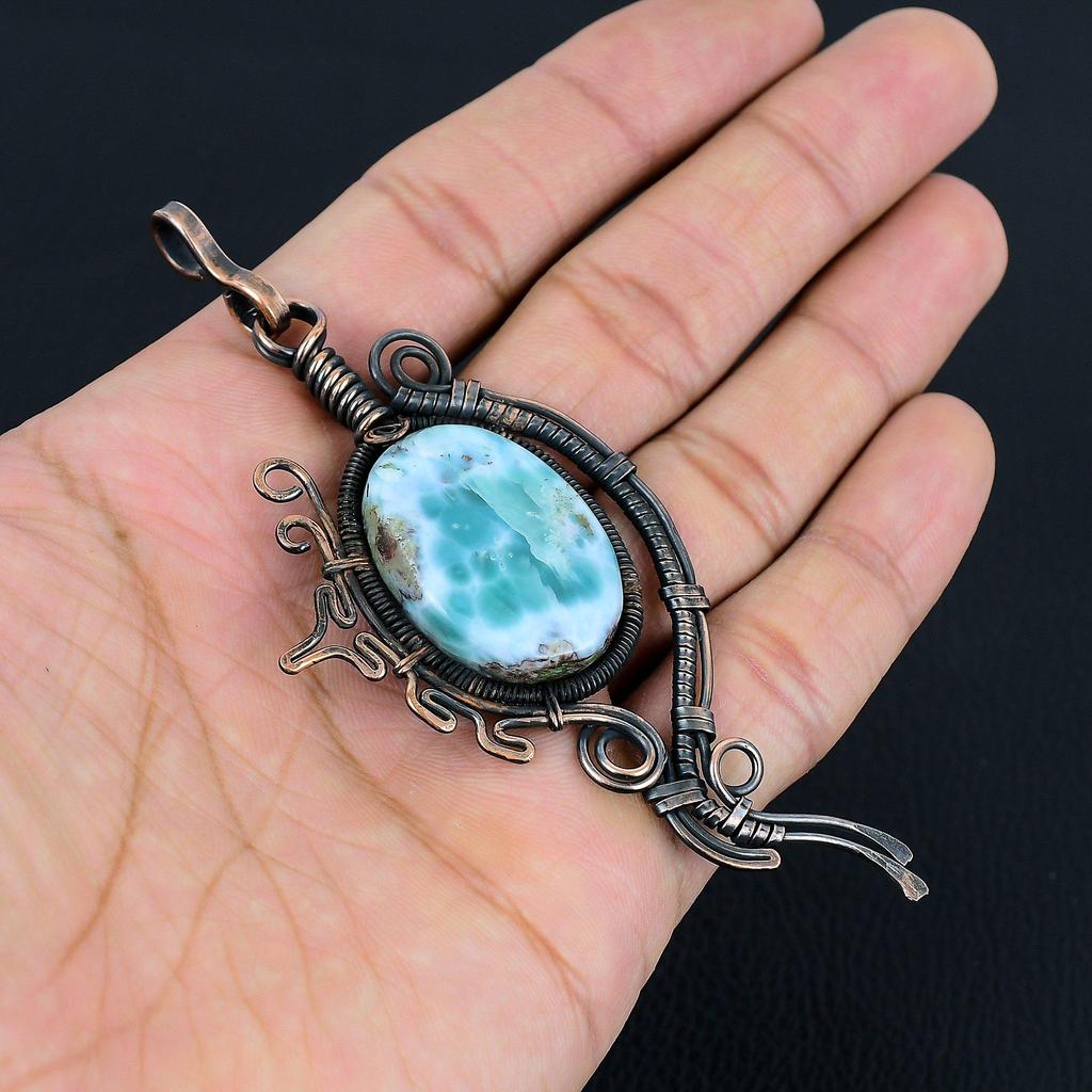Amazing Larimar Gemstone Copper Wire Wrap Handmade Jewelry Pendant For Her