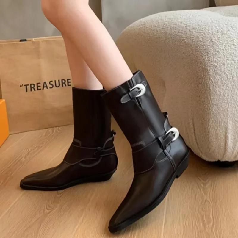 Fashion 2024 High Quality Shoes Female Mid-Calf Women's Boots Elegant Modern Boots Women Buckle Pointed Toe Slip On Low Heel Shoes Women