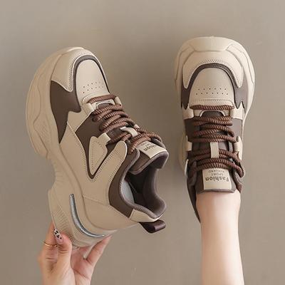 Модная платформа Женские спортивные кроссовки На шнуровке Толстая подошва Вулканизированная обувь Женская Весна Осень Искусственная кожа Дышащие Массивные Беговые кроссовки