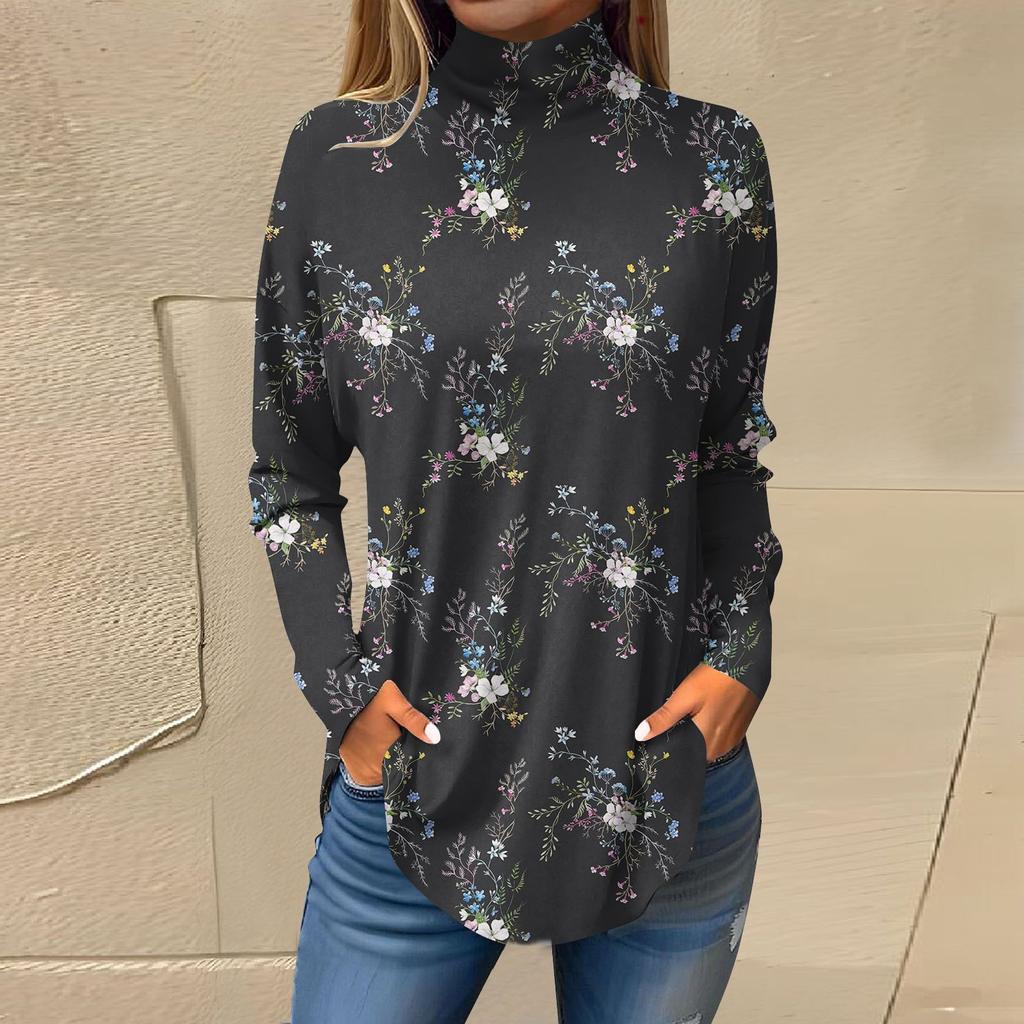 Женская свободная футболка с высоким воротом и длинными рукавами с цветочным принтом в стиле ретро, топ-пуловер
