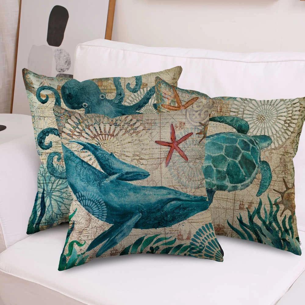 Marine Life Turtle Seahorse Whale Octopus Cushion Cover Pillow Cover Retro Linen Fabric 45x45cm