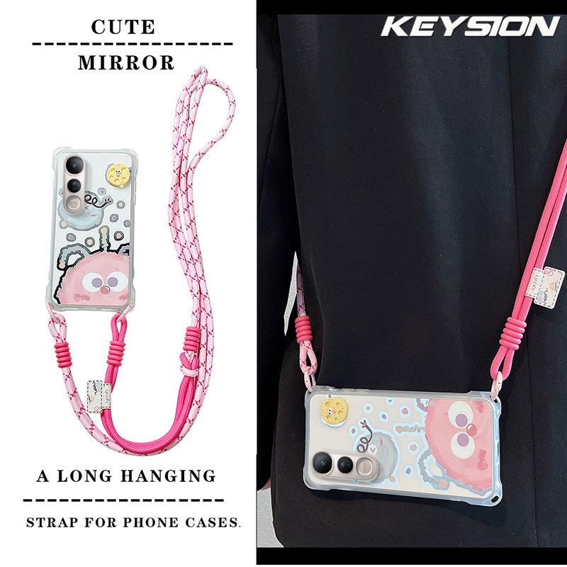 KEYSION Crossbody Strap Phone Case for VIVO V50 Lite 5G Cute Cartoon Long Lanyard Mirror Shockproof Cover for VIVO V50 Lite