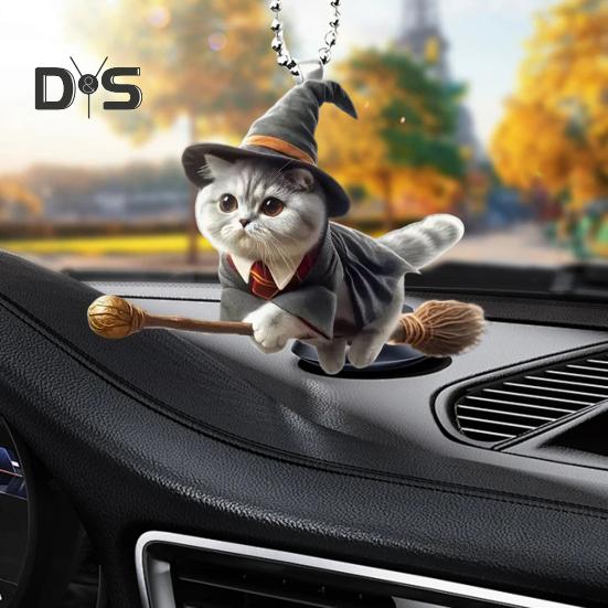 Halloween Wizard Cat Hanging Decoration Home Indoor Christmas Tree Car Rearview Mirror 2D Flat Acrylic Broom Kitten Hanging Ornament Animal Pendant