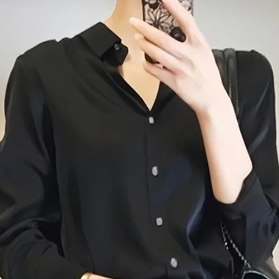 Женская рубашка с лацканами, длинный рукав, блестящая ткань, официальная рубашка, застежка на пуговицы, однотонная гладкая деловая рубашка для свиданий