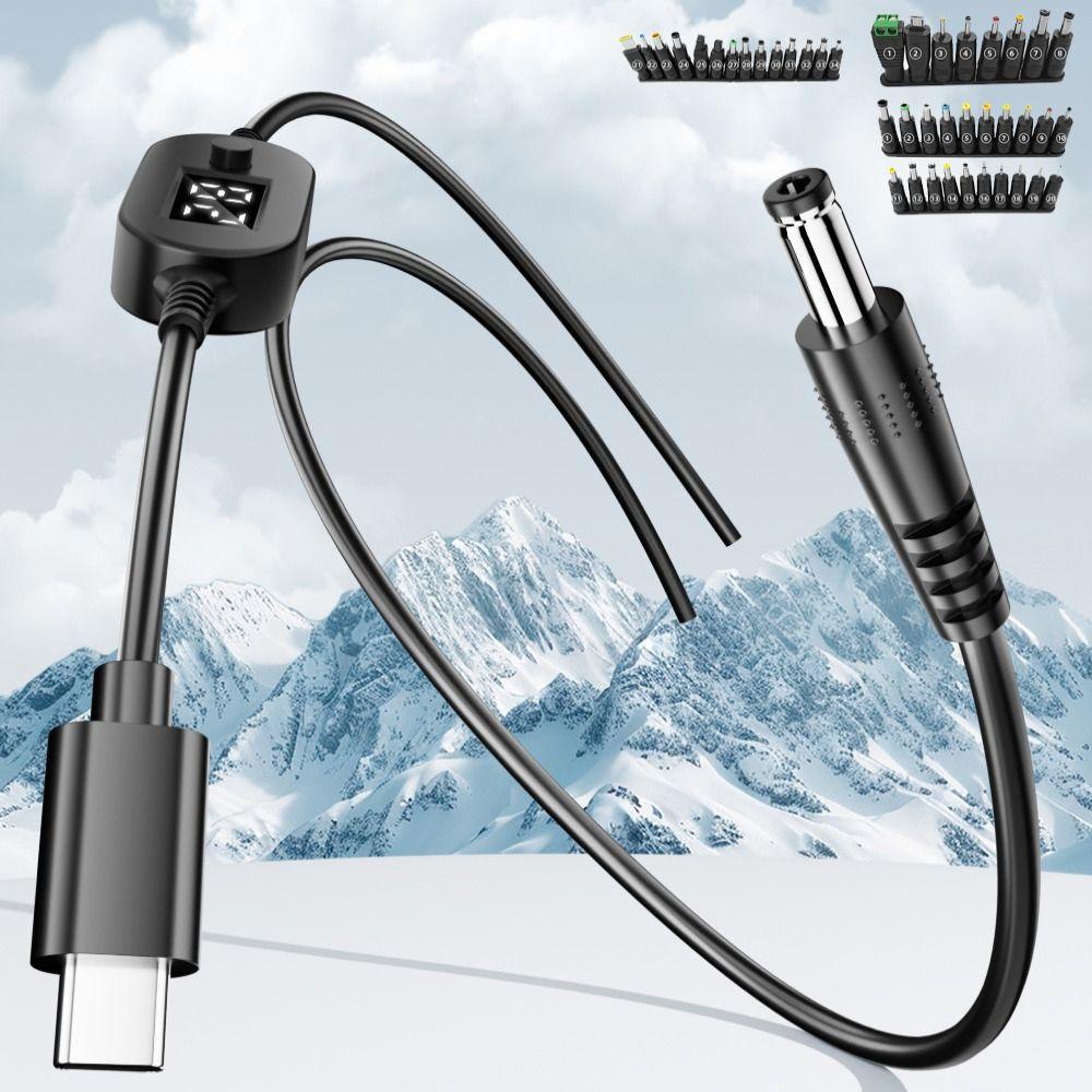 Digital Display USB C to DC 5525 Converter 5V/9V/12V/15V/20V with 28/34 Connector Tips Type-C to DC Power Cord