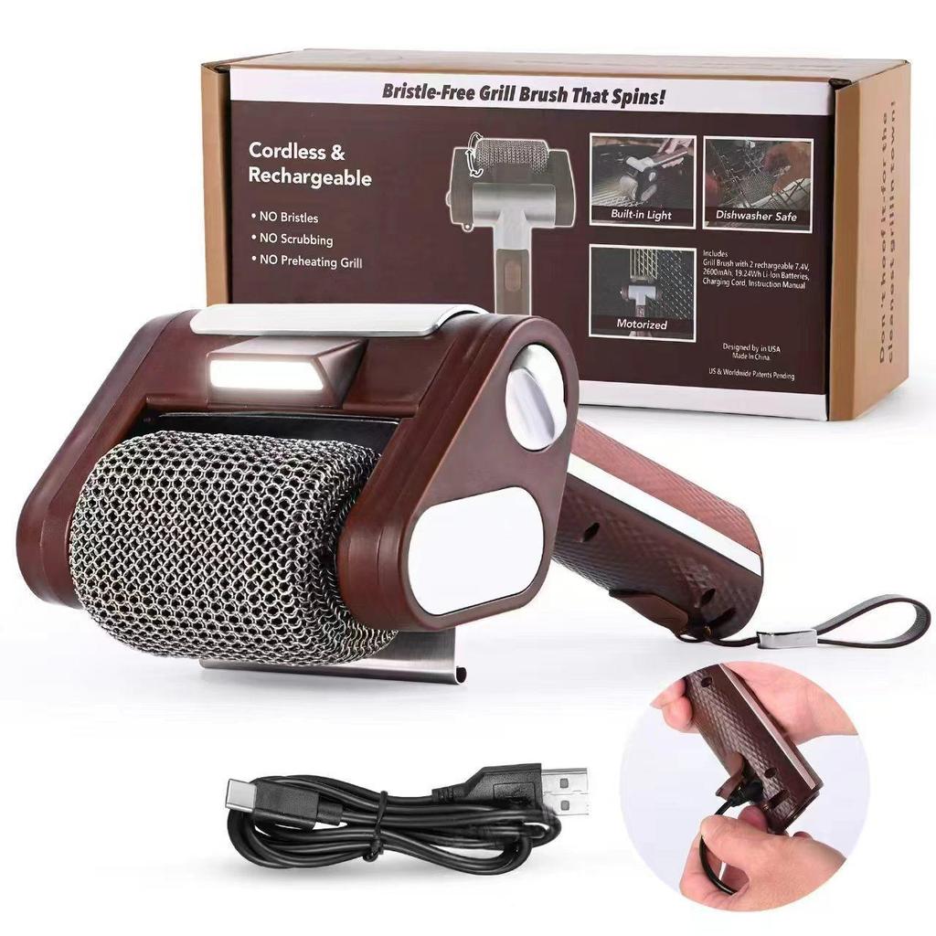 Rechargeable Stainless Steel Electric BBQ Brush with Light & Food-Grade Cleaning Roller