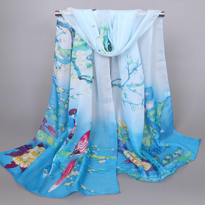 Scarves Natural Style Spring and Autumn Printed Flowers and Birds Rectangle Sun Protection Chiffon Scarf