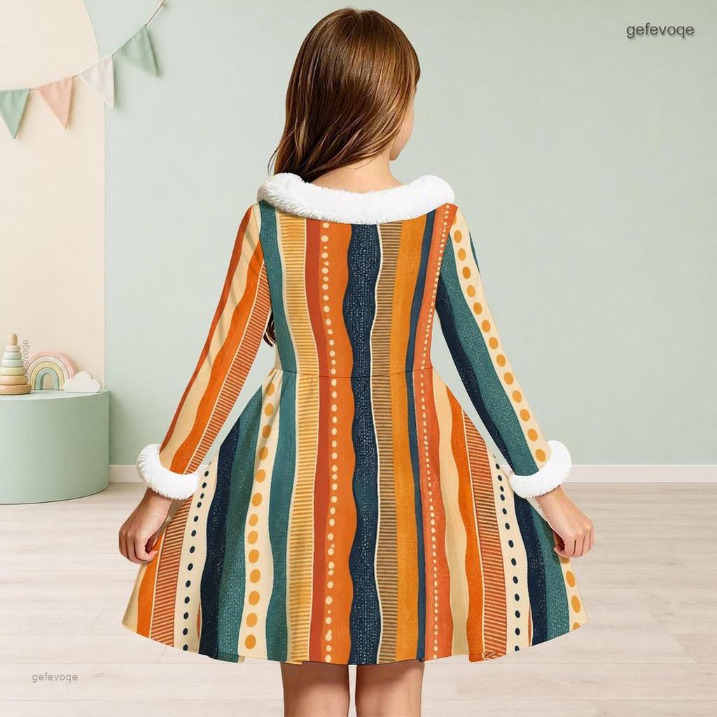 Girls High Neck Long Sleeve Geometric Printed Dress Plush Trim Bow A Line Flared Dress