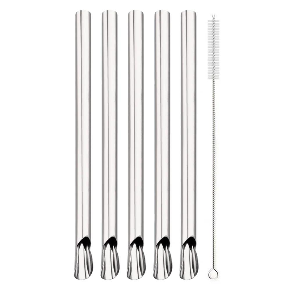 6Pcs 304 Stainless Steel Reusable Straw Set Pearl Milkshake Bubble Tea Straw with Brush Stirring Smoothie Spoon Shaped Straw Set