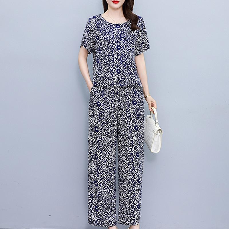Летние комплекты с широкими брюками больших размеров с винтажным принтом, повседневные элегантные свободные комплекты для женщин, комплект из 2 предметов