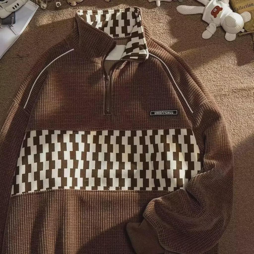 Мужская модная свободная вафельная толстовка с полумолнией и бархатной подкладкой для тепла осенью/зимой