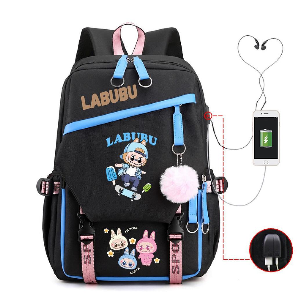 Студенческий школьный рюкзак с принтом Лабубу, многофункциональный, большой вместимости, с USB-портом