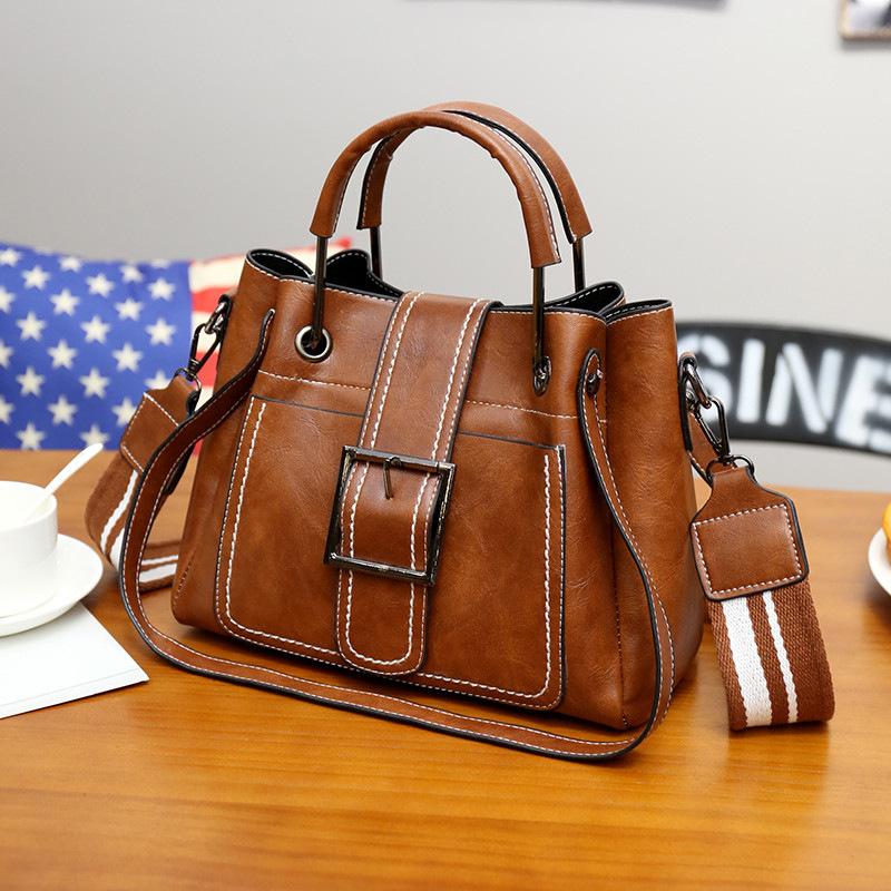 Модная сумка-ведро Модная ретро кожаная сумка через плечо из масляного воска Большая вместимость сумка через плечо Женская металлическая женская сумка