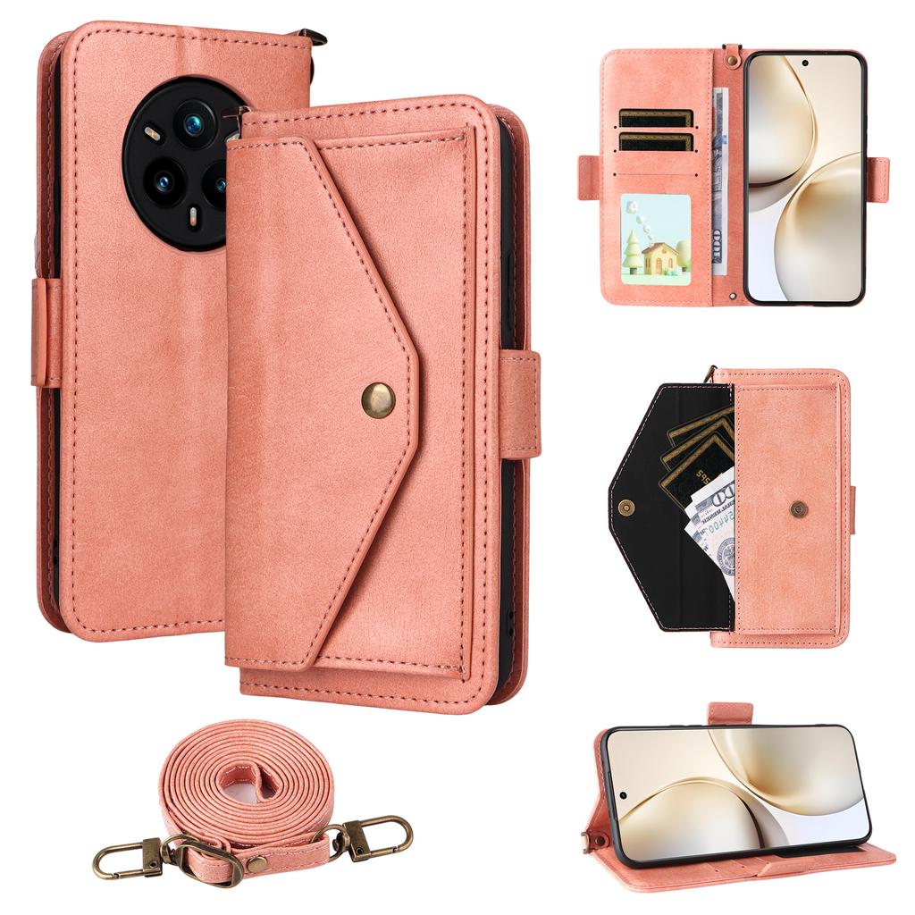 For Realme 14 Pro+ 5G Leather Case Magnetic Closure Wallet Stand Phone Cover with Crossbody Strap