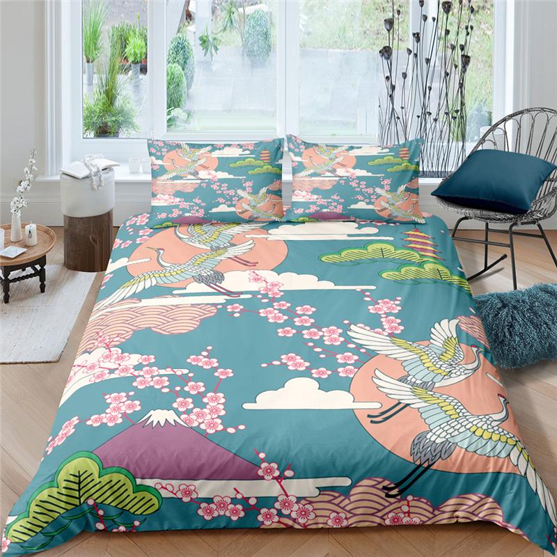 Пододеяльник с японским журавлем King Queen Size Wave Flower Ukiyo-e Style Комплект постельного белья Восточная культура 2/3 шт. Полиэстеровый пододеяльник