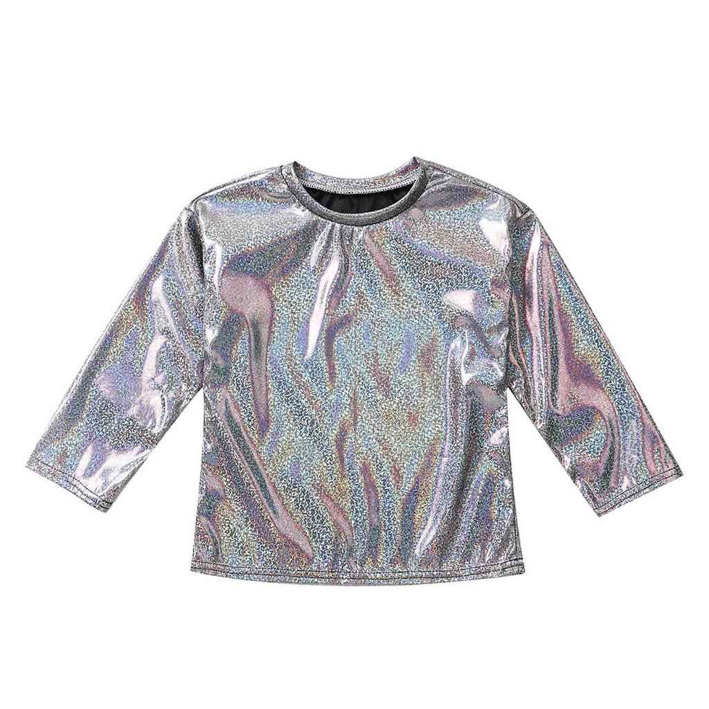 Unisex Kids Metallic Bronzing Cloth Tshirt Long Sleeve Loose Fit Round Neck Top for Parties Performances