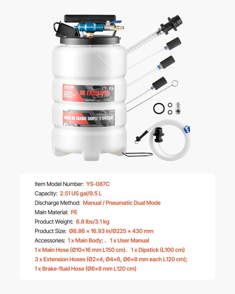 VEVOR Fluid Extractor, 9.5 L Capacity, Pneumatic/Manual Vacuum Fluid Extractor with 150 cm Long Horse & Three 120 cm Extension Tubes