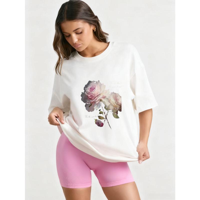 Футболка оверсайз черная с цветочным принтом из роз и вдохновляющей цитатой, повседневная