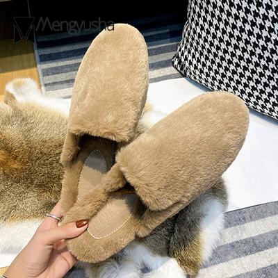 34-44 Plus Size теплые меховые ленивые шлепанцы женские мюли из овчины зимняя обувь женские плюшевые тапочки с меховым покрытием для ног женские пушистые пантуфли